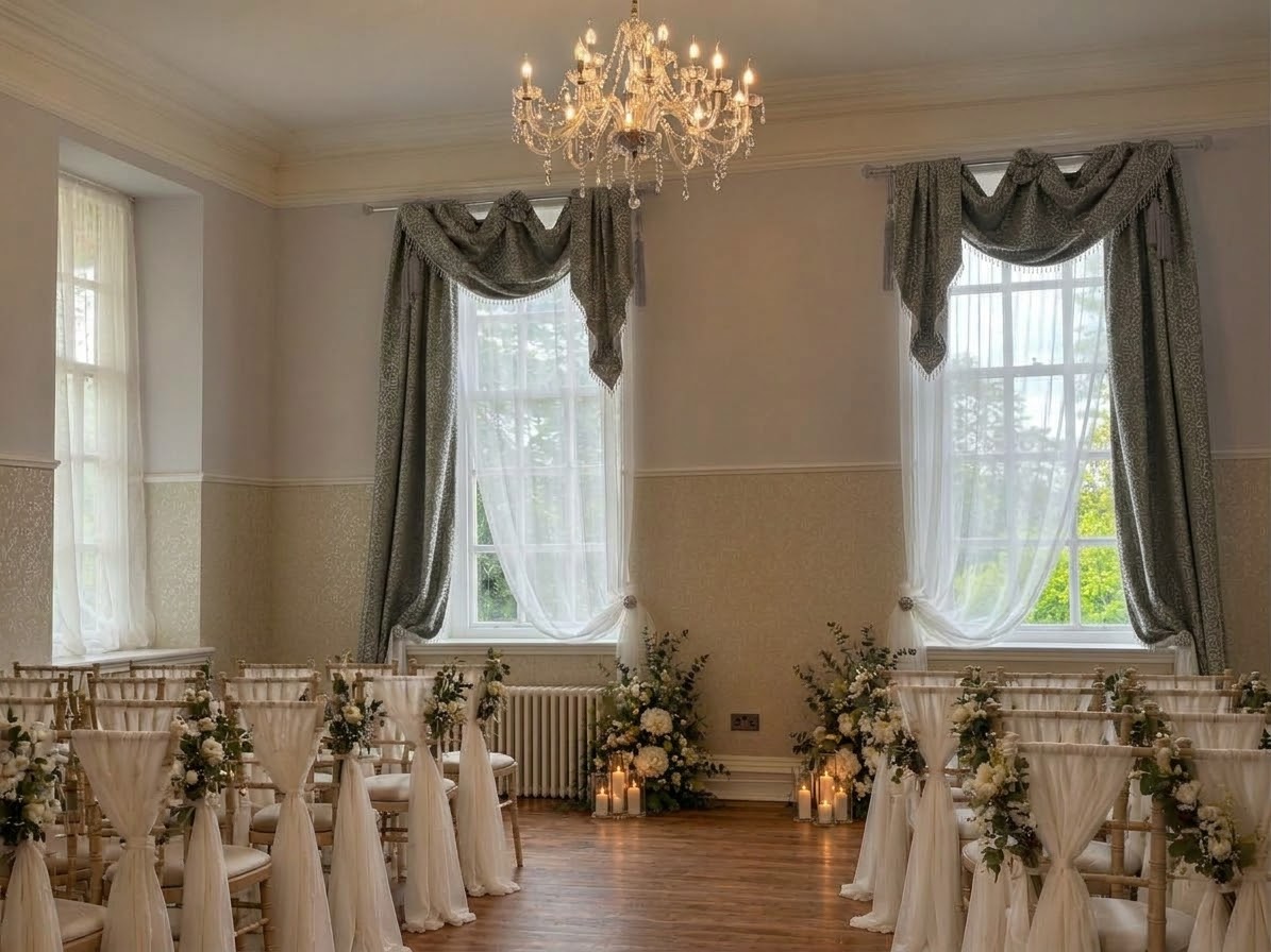 The Ceremony Room set for a wedding, with chandelier, tall windows and draped curtains