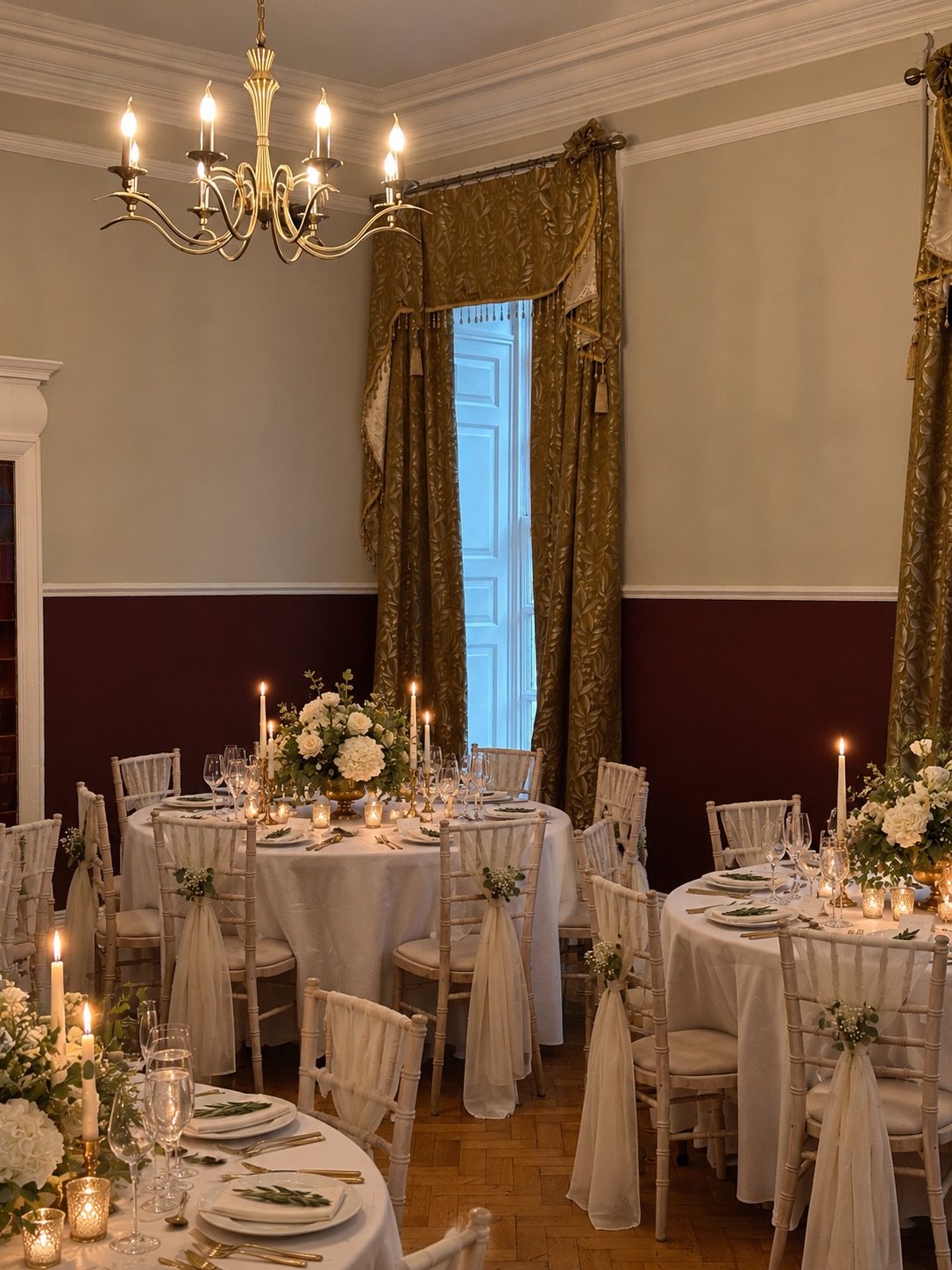 Round tables dressed with white linen, candles and flowers beneath a brass chandelier